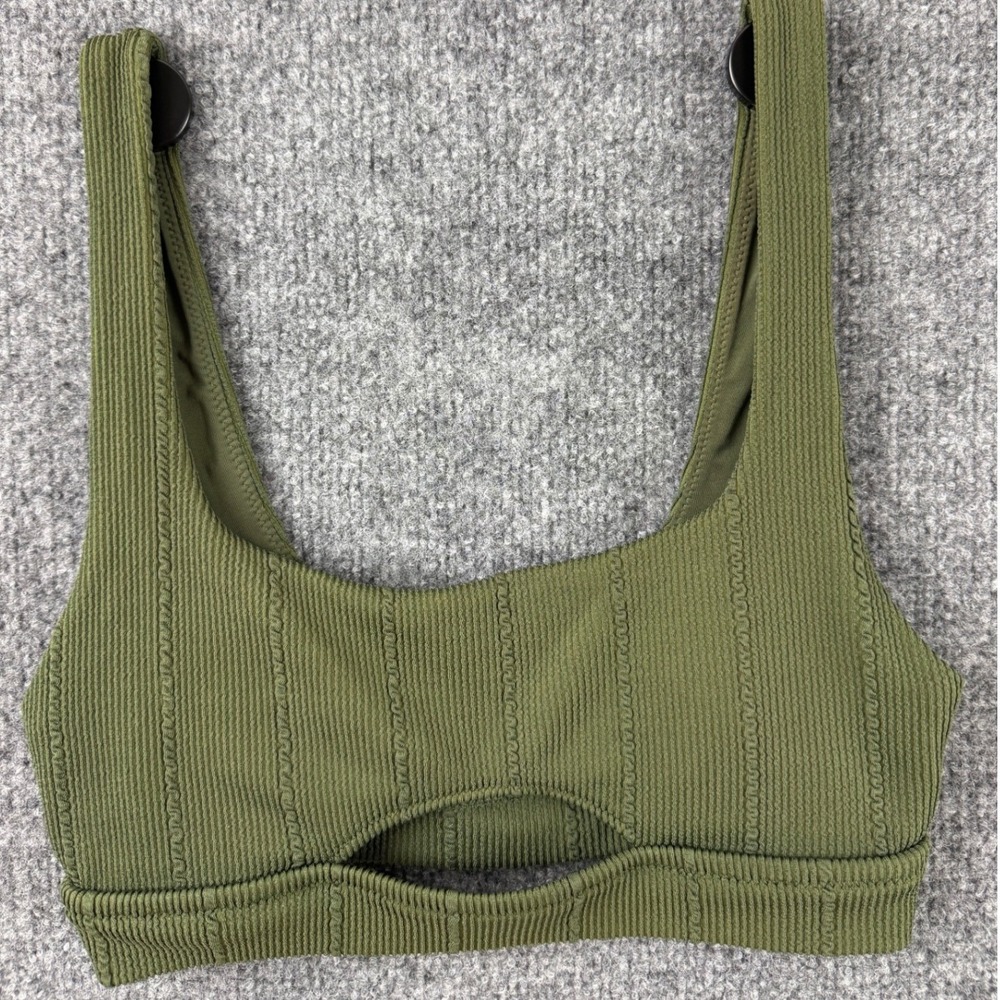 Aerie Olive Army Green Ribbed Textured Scoop Neck Cutout Sports Bra Small EUC